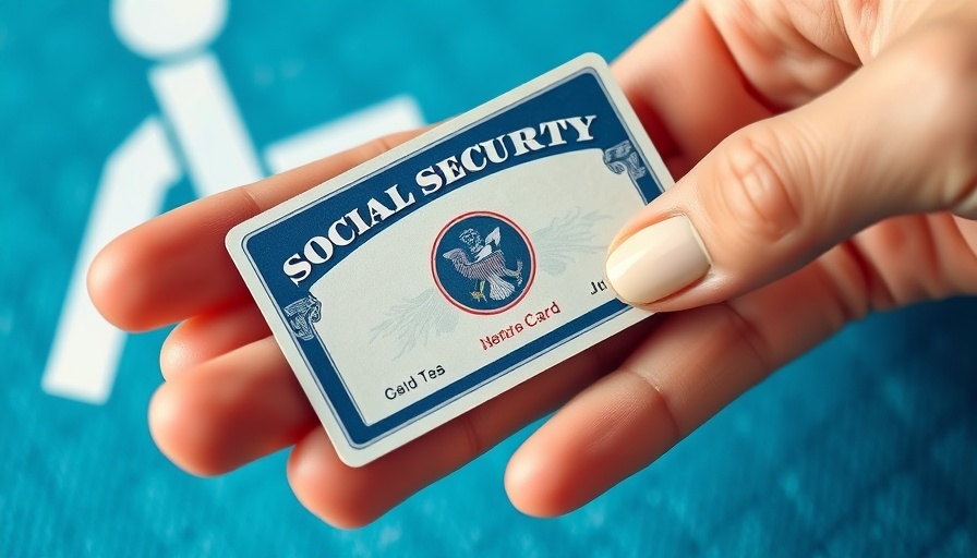 Hand holding Social Security card, blue background with accessibility symbol.
