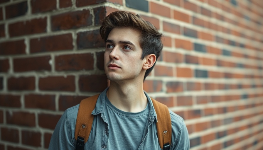 Young man in casual attire with thoughtful expression, urban backdrop
