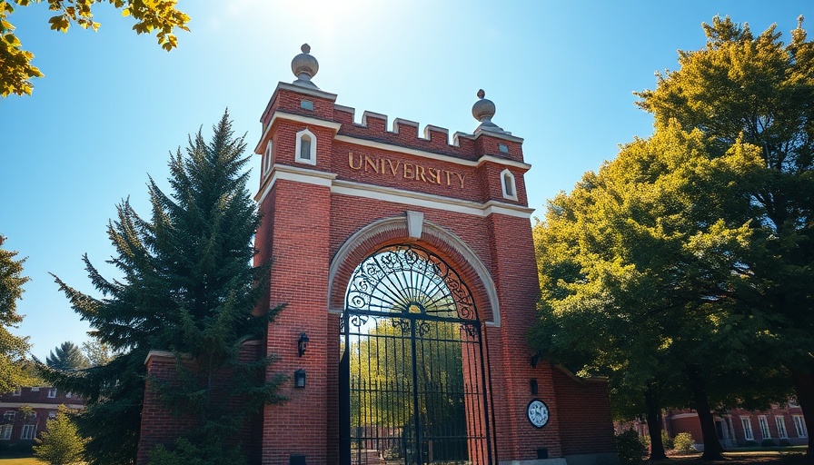 Classic university gate with ironwork under blue sky, Tai Tsun Wu legacy.
