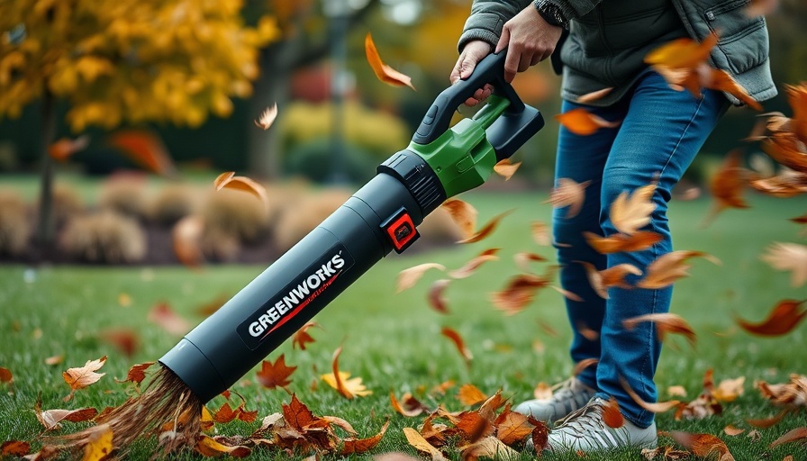 Greenworks lawn care combo kit in use on sale for $126, showing leaf blower action.