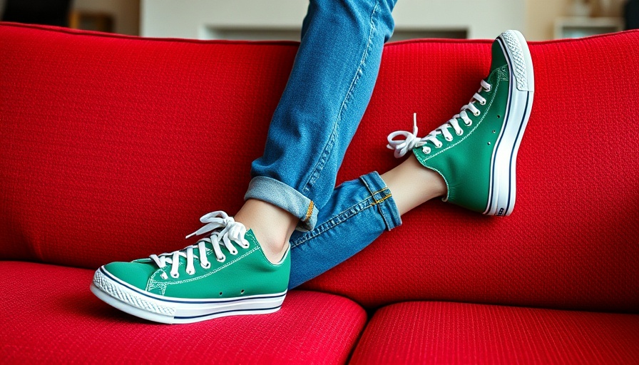 Casual outfit featuring jeans and sneakers on a red sofa, Levi Strauss stock theme.