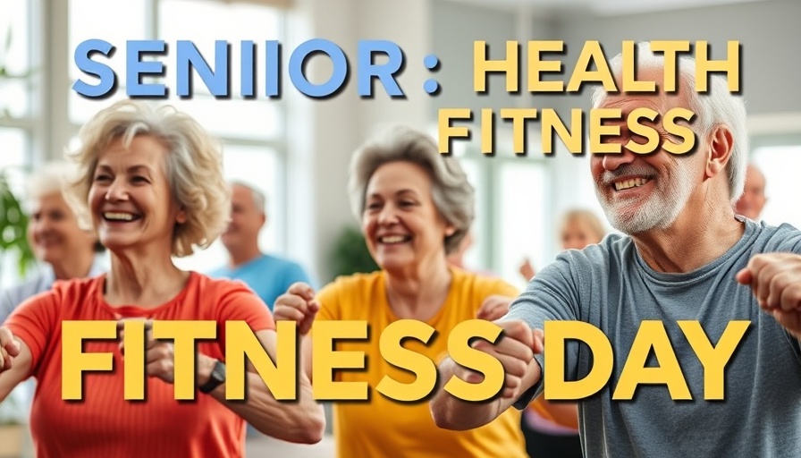 Senior health fitness day event poster highlighting active seniors exercising.