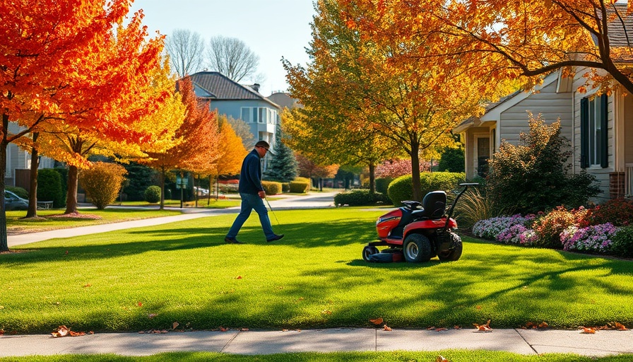 Fall lawn care tips for homeowners: Mowing a green lawn with colorful trees in background.