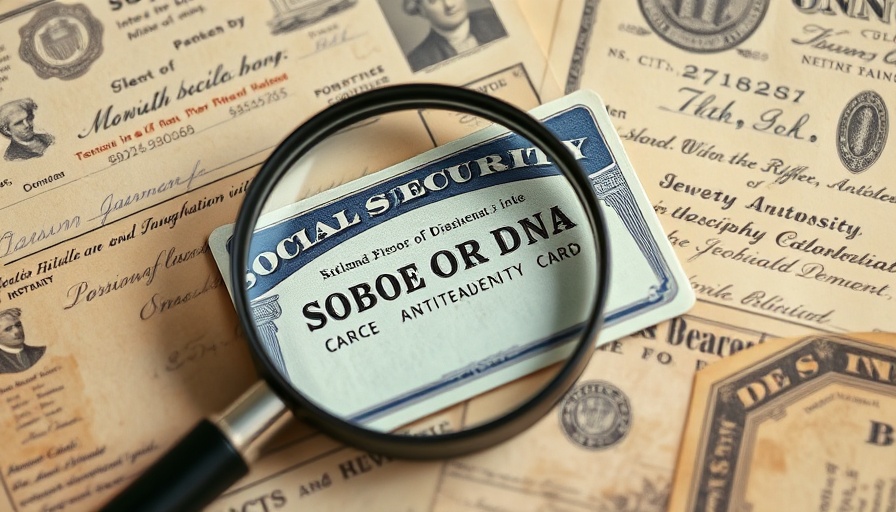 Focus on Social Security card with historical document, magnifying glass, dollar bills.