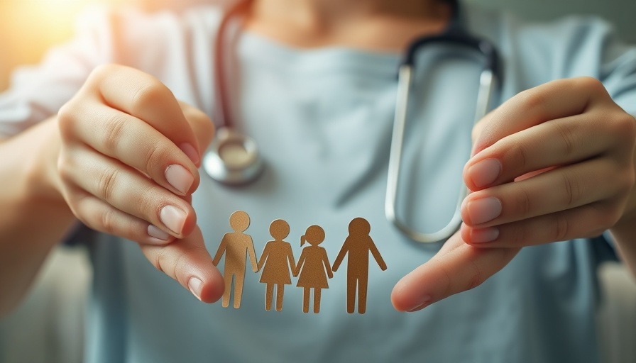 Symbolic image of paper family and heart with protective hands, health insurance concept.