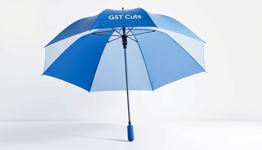 Modern umbrella with 'GST Cuts' text symbolizing coverage in economic context.