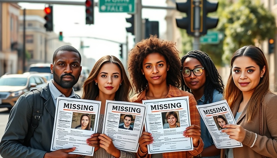 Group holding missing flyers at a street corner on a sunny day.