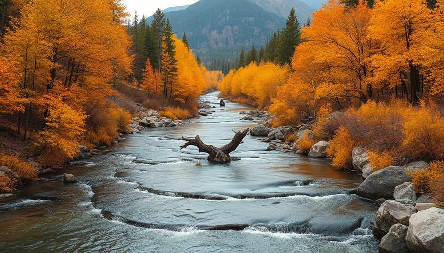 Tranquil river in autumn landscape, showcasing nature's beauty.