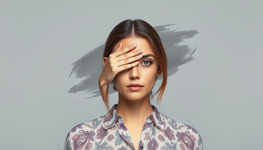 A woman with high-functioning depression covering her eyes, abstract pastel background.