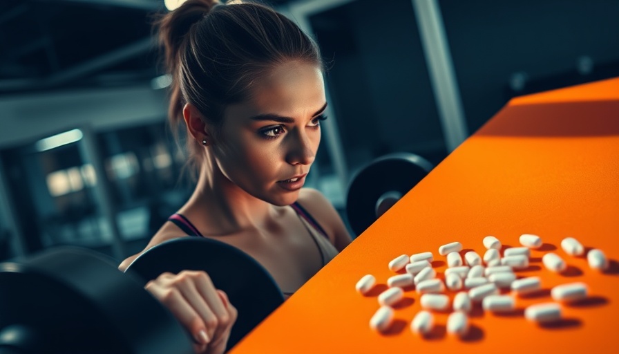 Determined young woman exercising in gym next to statin pills.