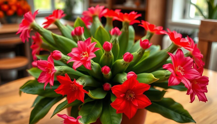 Thanksgiving cactus with red flowers in indoor care setting.