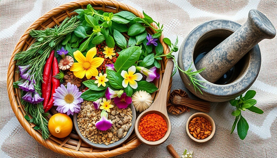 Ayurvedic ingredients in basket with herbs and mortar, global wellness.