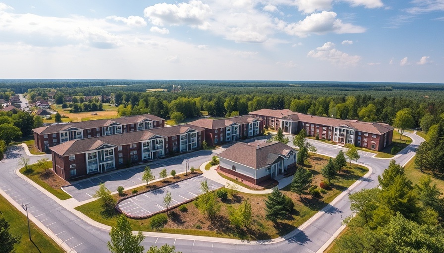 Modern senior housing complex in Northern Michigan surrounded by greenery.