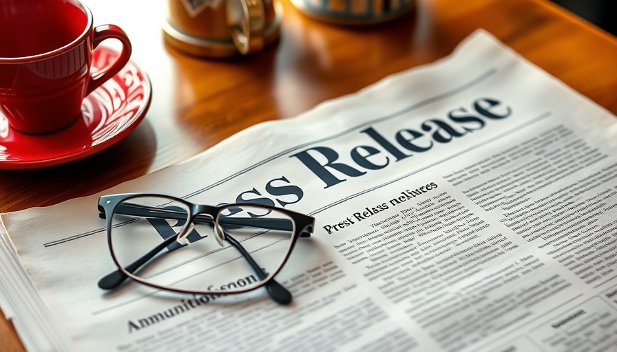 Press release on desk with coffee and glasses, related to artificial turf landscaping services.