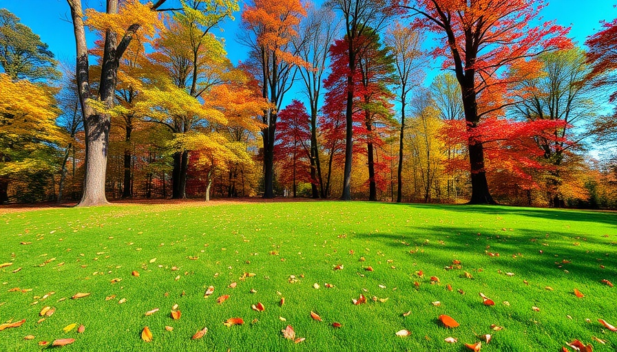 October lawn care by hardiness zone: green lawn with autumn leaves.