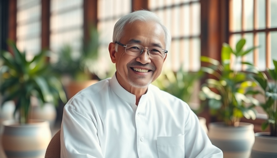 Senior health and wellness tips: happy elderly man in plant-filled space.