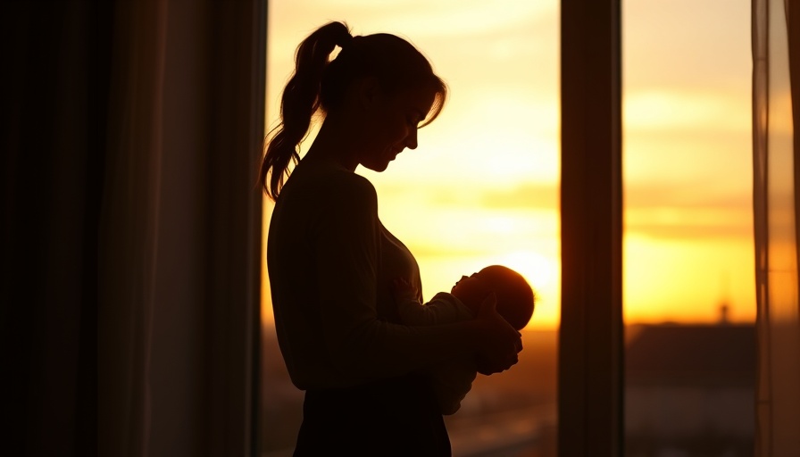Silhouetted mother holding baby at sunset through window.