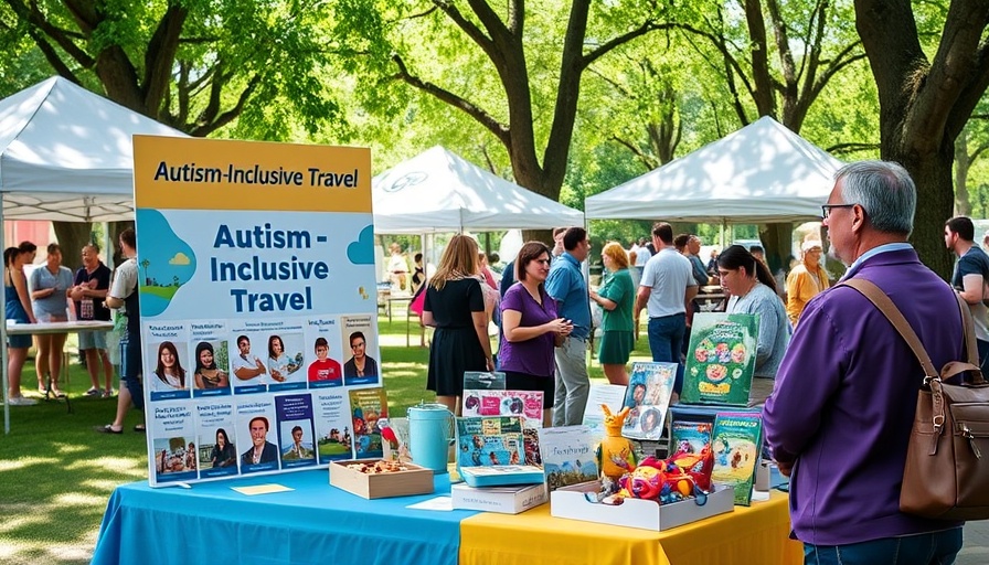 Booth promoting autism-inclusive travel with brochures and toys, park setting.
