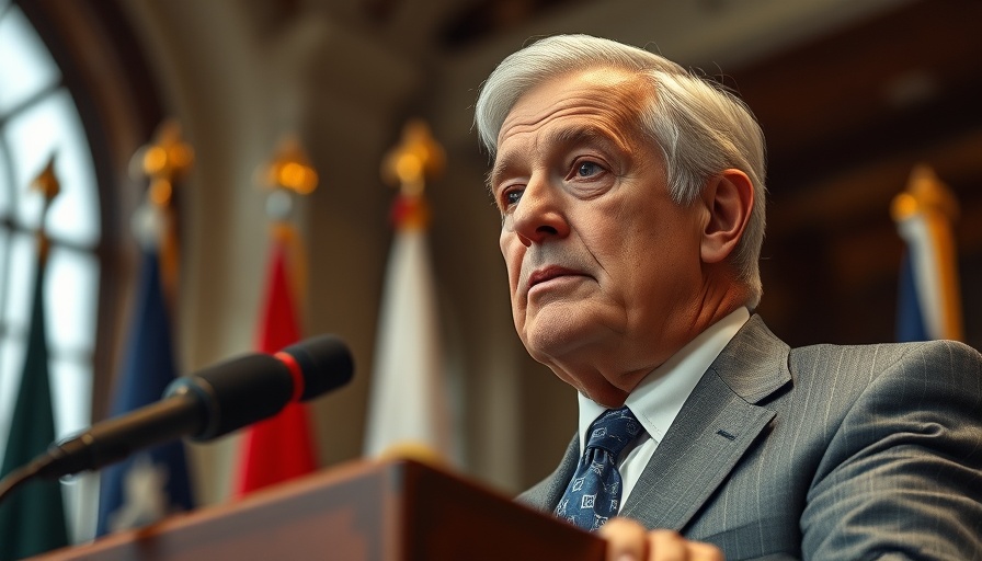 Older man speaking at podium with thoughtful expression in formal setting.