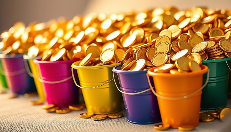 Colorful buckets filled with coins, symbolizing wealth distribution.