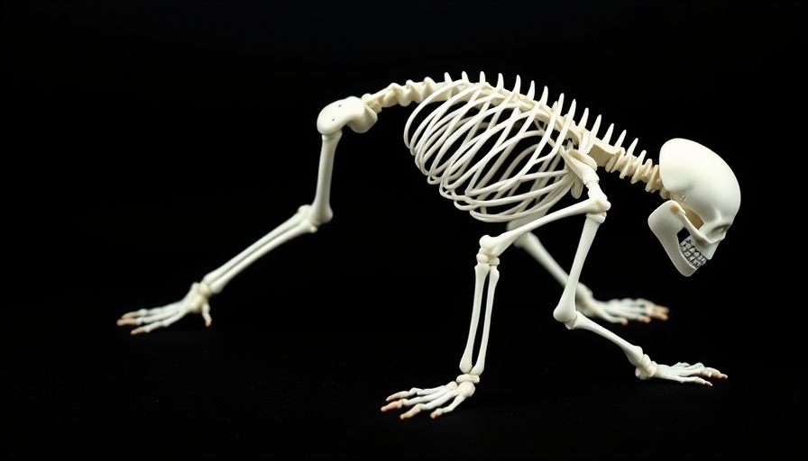 Simple illustration of a skeletal figure in crawling pose on black background.