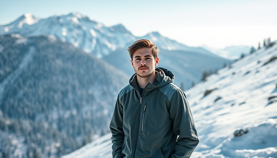 Serene young man on snowy trail, nature background, wide-angle shot.