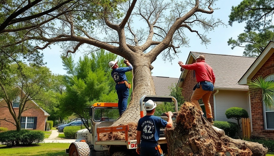 Professional tree removal in Magnolia, TX, with a team cutting a tree.
