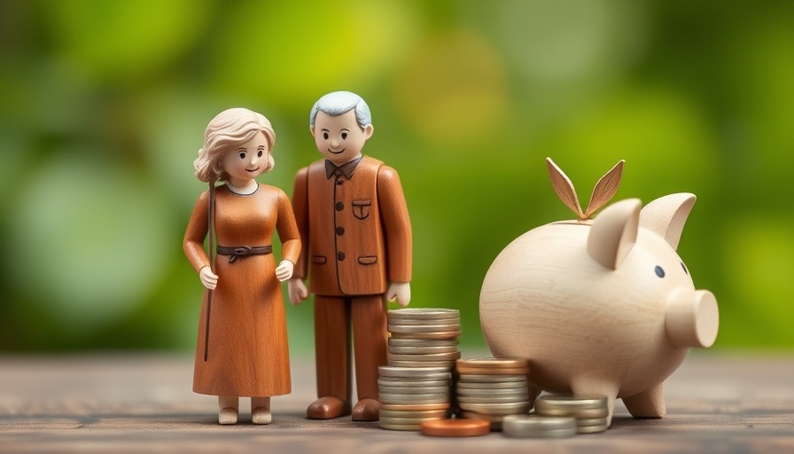 Wooden figurines with piggy bank and coins, retirement planning.