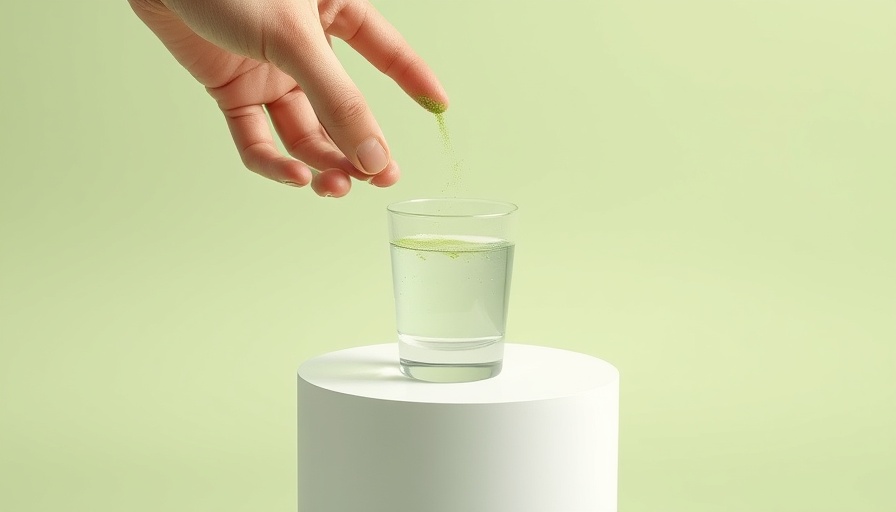 Minimalist scene of green powder in water, clear protein for seniors.