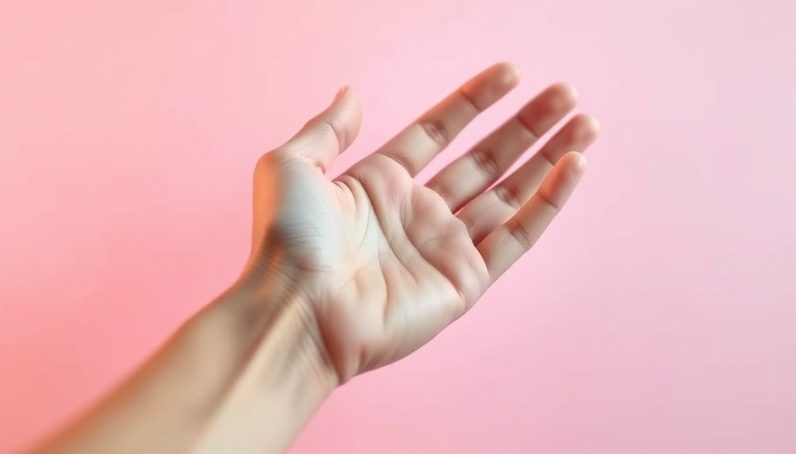 Delicate hand reaching forward against pink gradient.