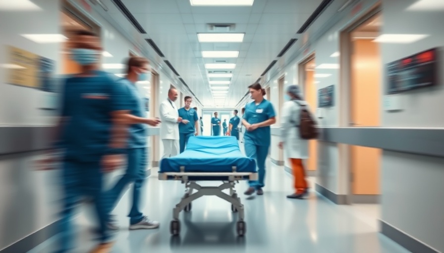 Modern hospital corridor with staff and empty stretcher, highlighting Medicare spending unnecessary surgeries.