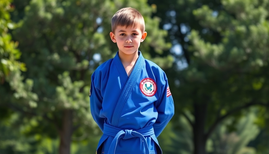 Karate student in USA uniform standing outside confidently.
