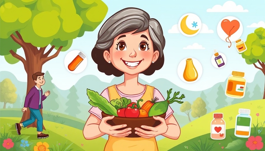 Cartoon of integrative medicine for seniors, vibrant health symbols.