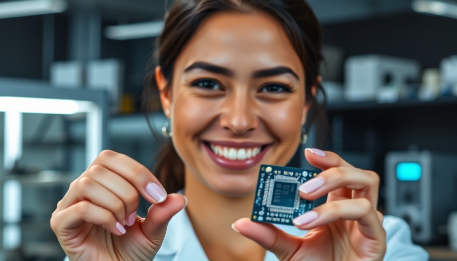 Smiling woman displaying microchip, symbolizing the newest technology in healthcare.