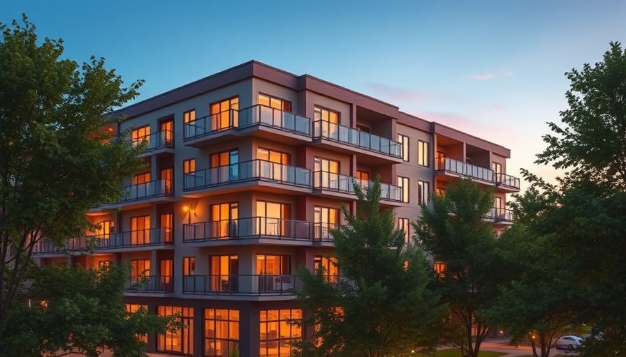 Modern senior living building in Muskegon surrounded by trees at dusk.