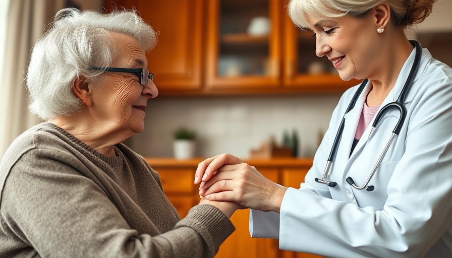 Caring doctor comforts elderly woman for early Alzheimer's detection.