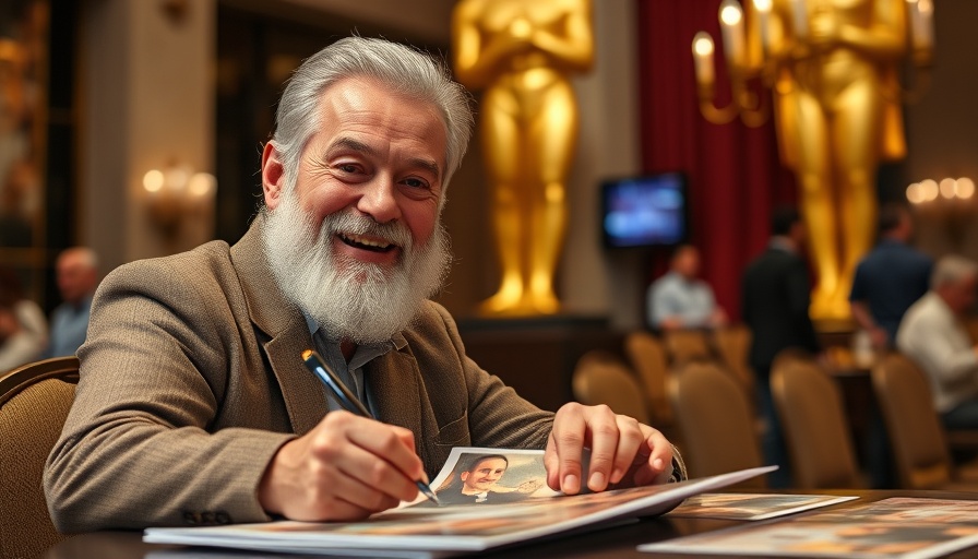 Cheerful older man signing posters at an event with a gold statue nearby.