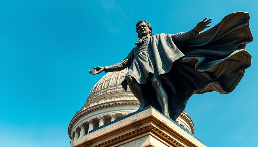 Bronze statue and dome under clear blue sky in Muskegon