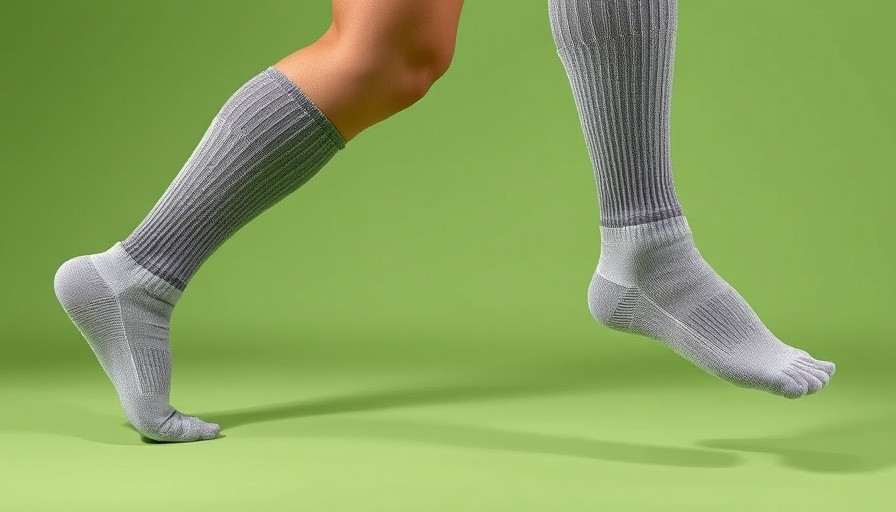 Gray compression socks enhancing circulation on athletic legs against green backdrop.
