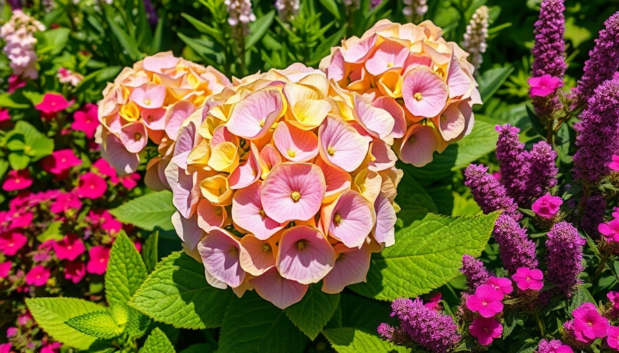 Lush garden with vibrant limelight hydrangea and companion plants