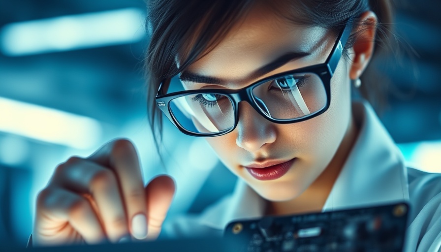 Scientist examining circuit board in lab, highlighting innovation.