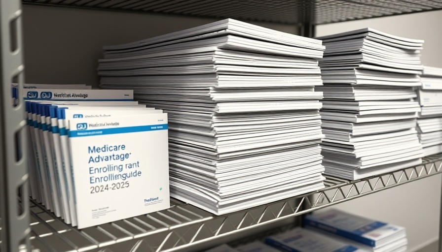 Organized stacks of Medicare guides for 2024-2025, office setting.