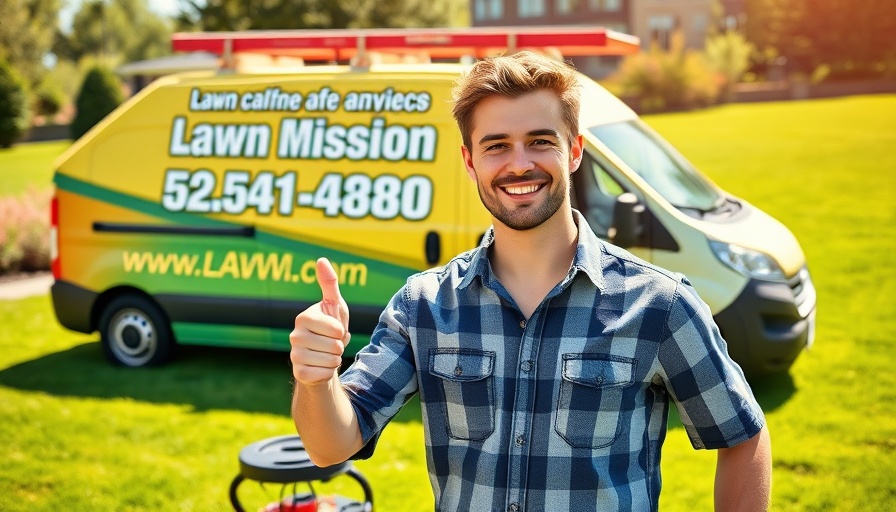 Young man with lawn care equipment in front of lawn care service van.