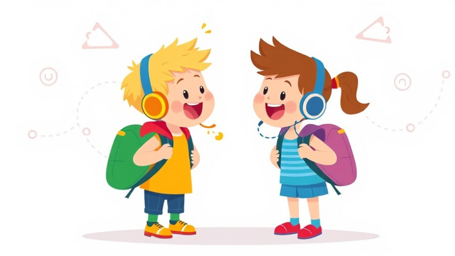 Cartoon kids communicating with headphones and backpacks, RUBI Program for supporting autistic students.
