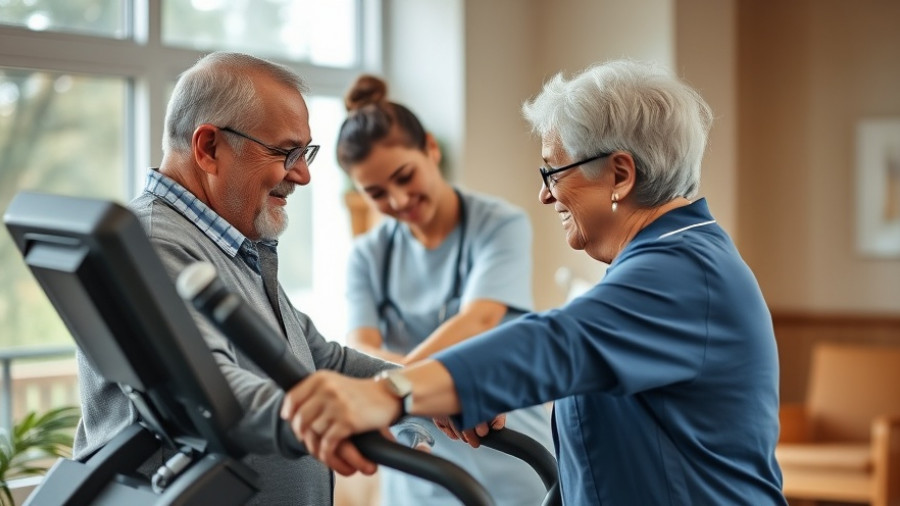 Caregiver assisting senior man on exercise machine in Los Angeles.
