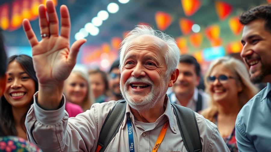 Elderly man at a dementia support event, smiling and waving.