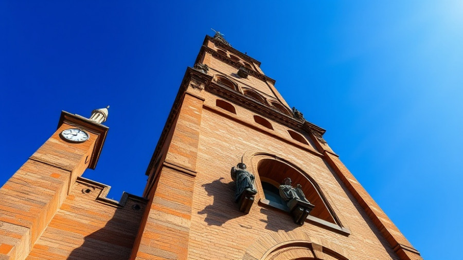 Historical brick tower with sculptures, bright sky, Alzheimers early detection tools.