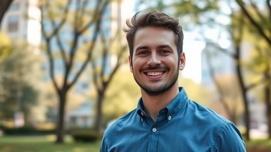 Smiling man outdoors in park with city backdrop.