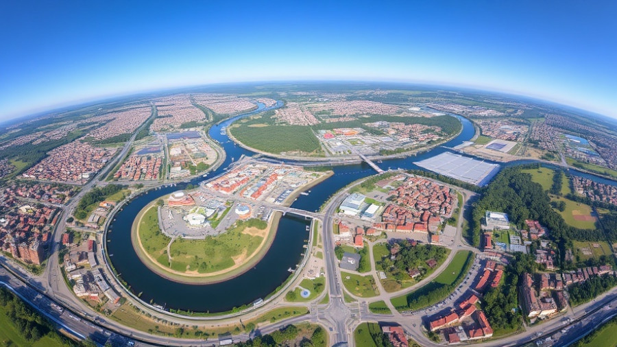 Aerial view of cost-effective retirement town in the United States with river and greenery.