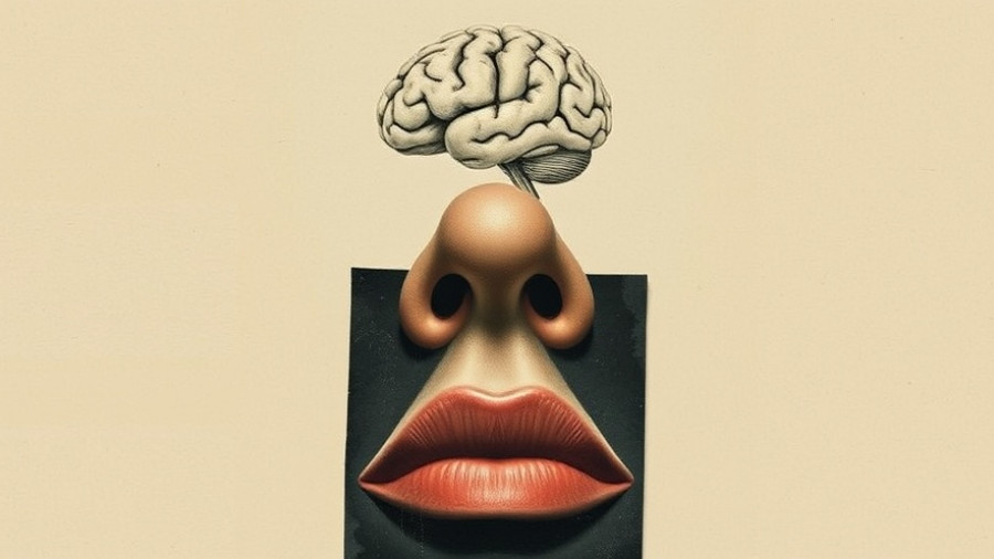 Surreal collage of human face with floating brain, minimalist style.